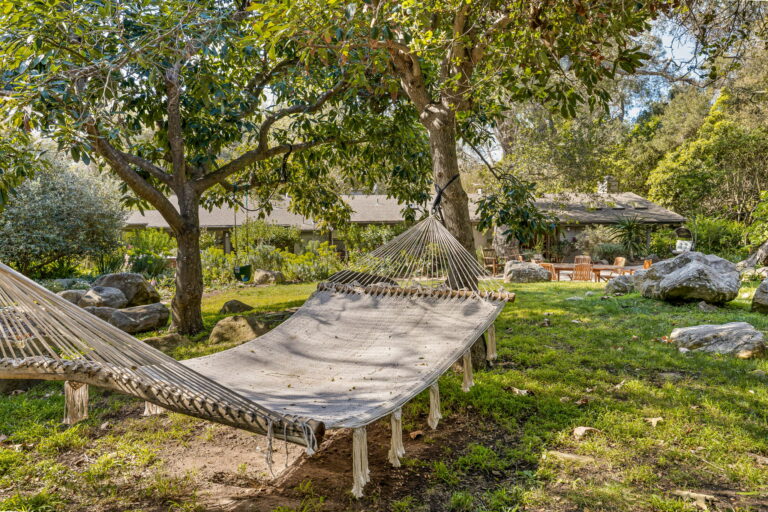A hammock in a yard with rocks and trees.