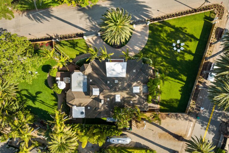An aerial view of a house surrounded by palm trees.
